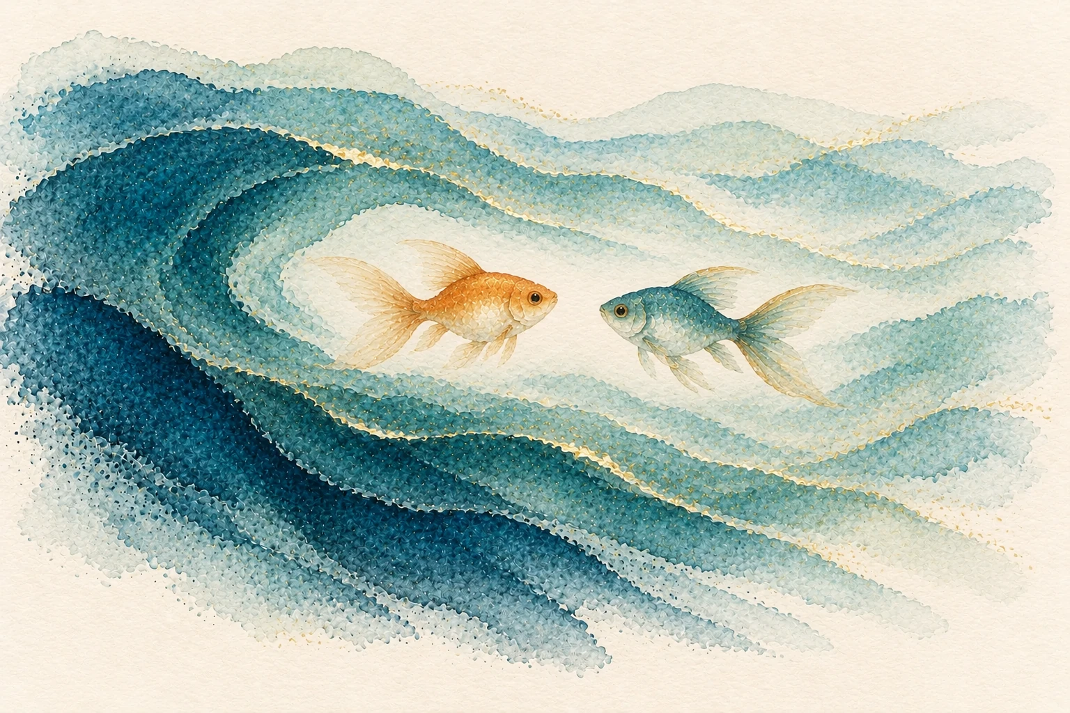 金色與藍色的小魚，在海浪環抱的安靜水域裡相遇