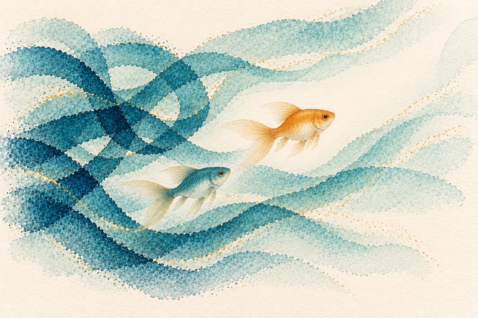 金色小魚與藍色伙伴穿過逐漸鬆開的水流，一起看見前方的出口